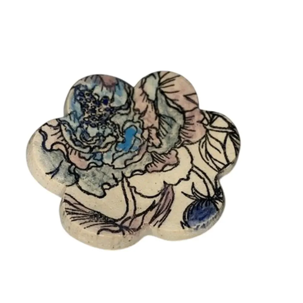 Studio Pottery Small Ring Dish Cream With Floral Pattern Blue Pink Glaze 2”